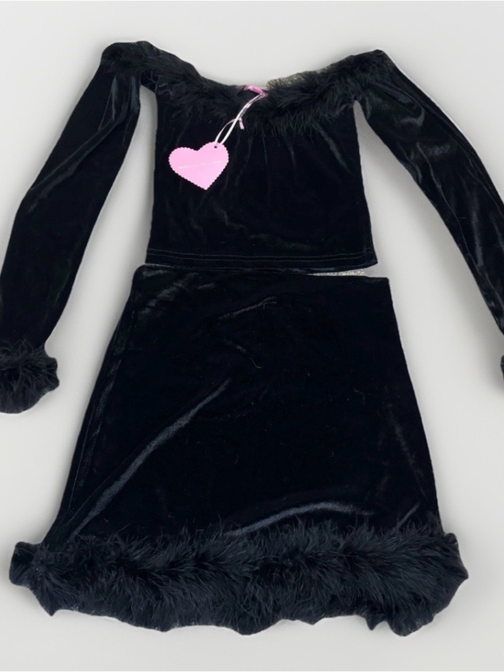 Sugar Thrillz Black Velvet Feather Trim Matching Set NWT top S skirt XS